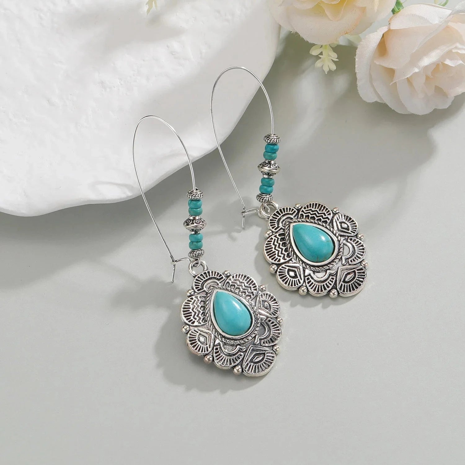 Långa bohemiska silverörhängen med turkos