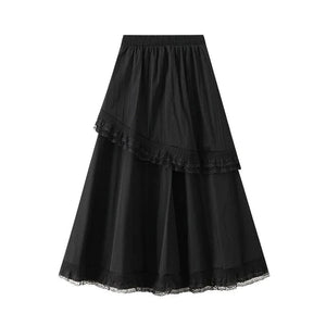Långkjol med spetsvolang Svart / One Size