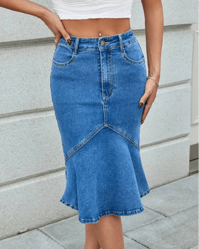 Midi jeanskjol med volang