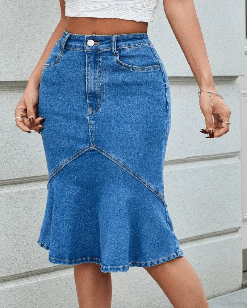 Midi jeanskjol med volang