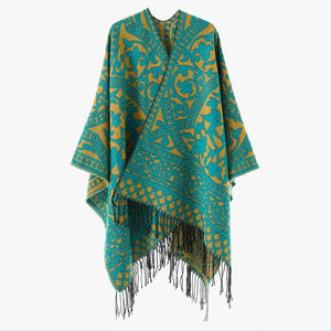 Öppen poncho med blommigt jacquardmönster Blå gul / One Size