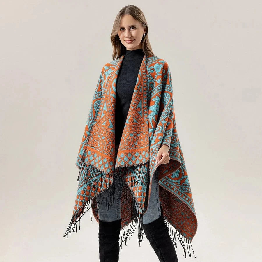 Öppen poncho med blommigt jacquardmönster Orange blå / One Size