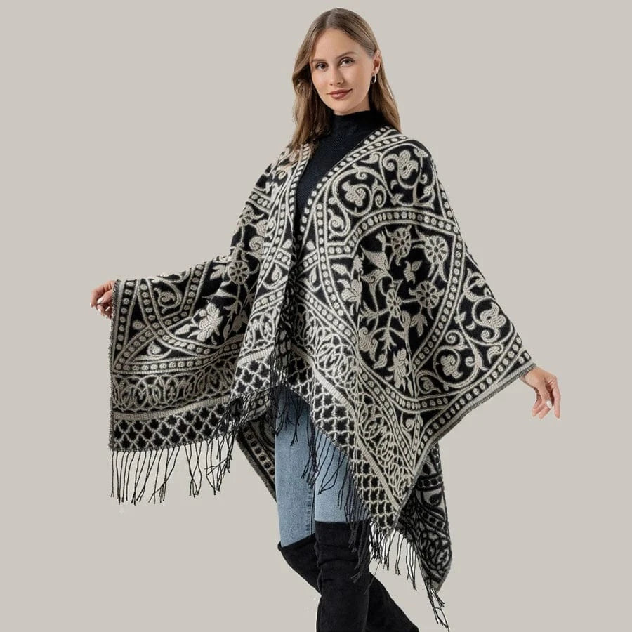 Öppen poncho med blommigt jacquardmönster Svart / One Size