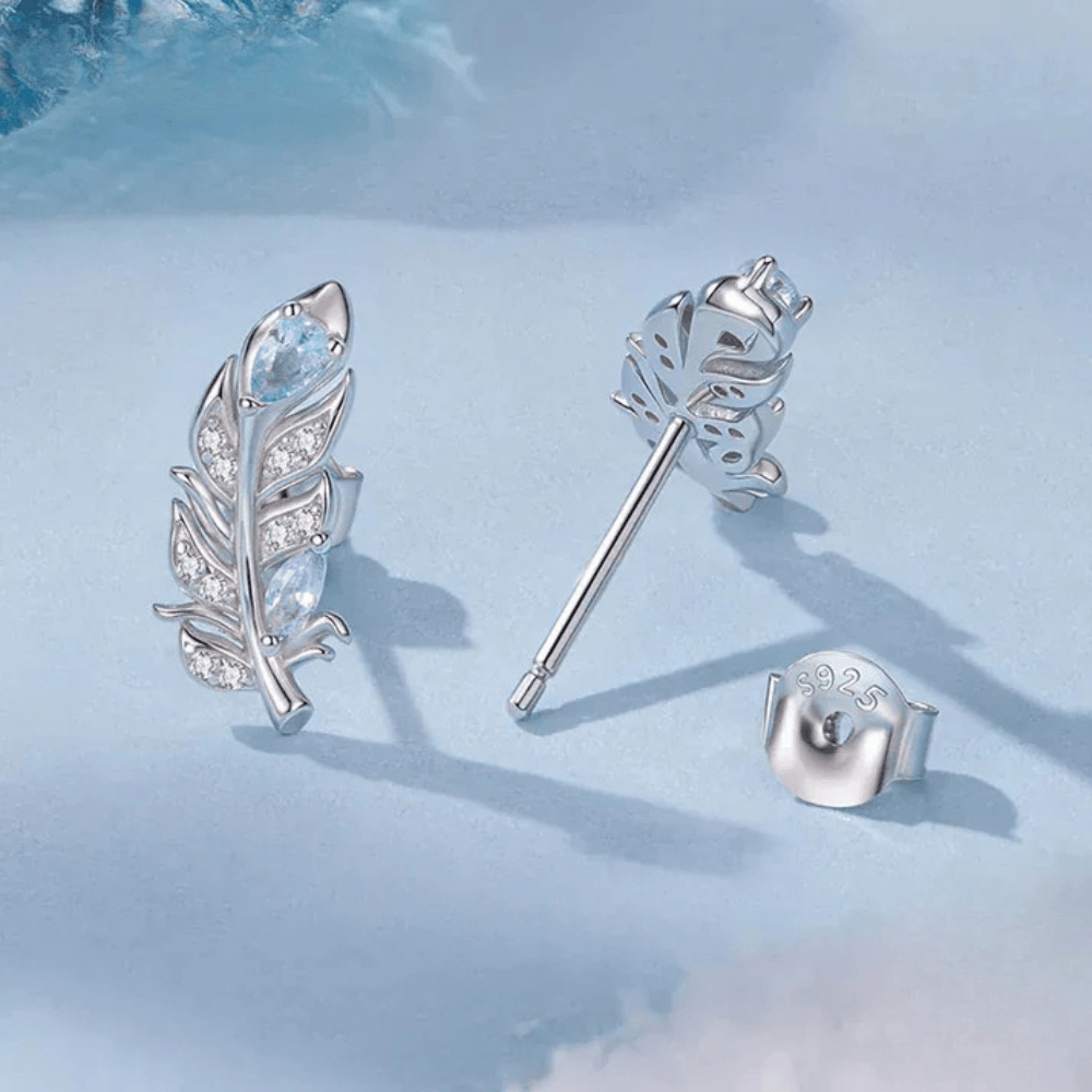 WOSTU 925 Sterling Silver Ice Blue Feather Stud Earrings For Women Winter Xmas Gift, Dainty Bohemian s925 Studs Wedding Jewelr CTE1259