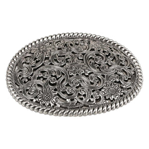 Ovalt bältespänne i vintage-silver med blommigt gravyrmönster Silver