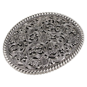 Ovalt bältespänne i vintage-silver med blommigt gravyrmönster Silver