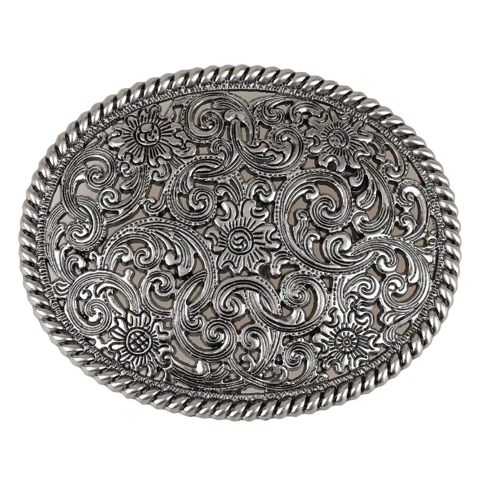 Ovalt bältespänne i vintage-silver med blommigt gravyrmönster