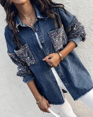 Oversize jeansjacka dam med paljetter