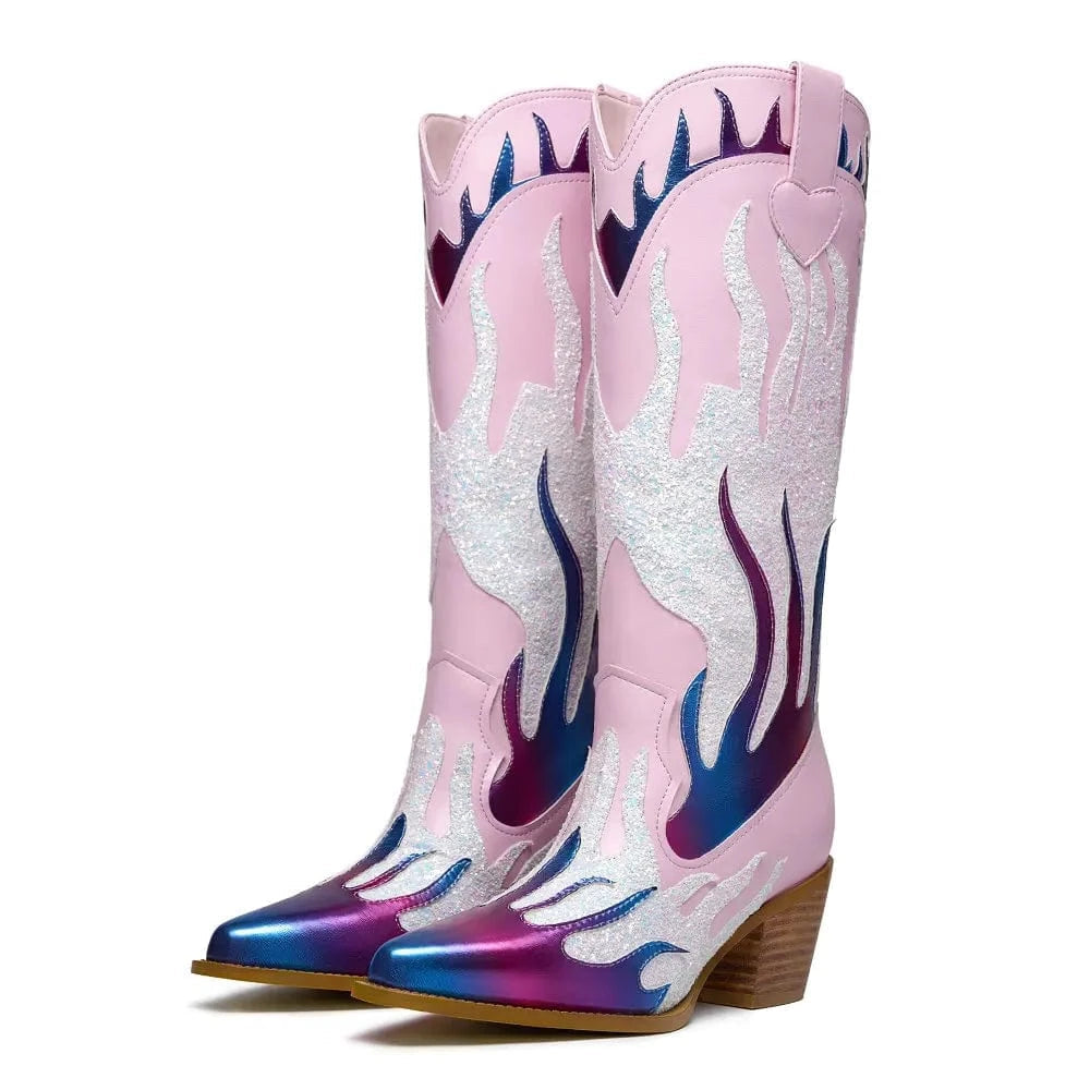Rosa Höga Cowgirl Boots med Flammor