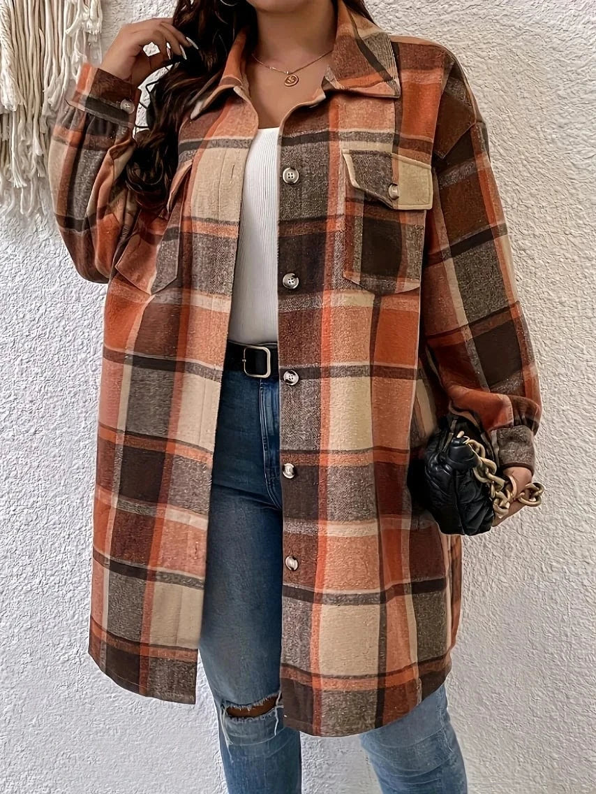 Plus size rutig skjortjacka dam