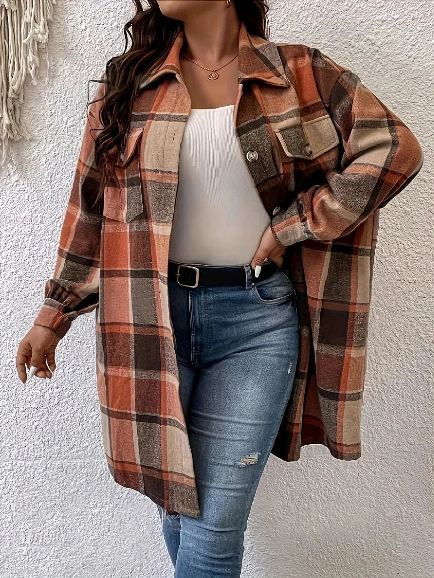Plus size rutig skjortjacka dam