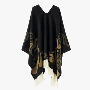 Poncho med fransar Beige svart / One Size