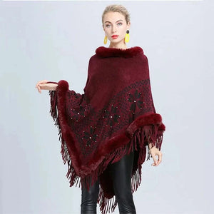 Poncho med päls Vinröd / One Size