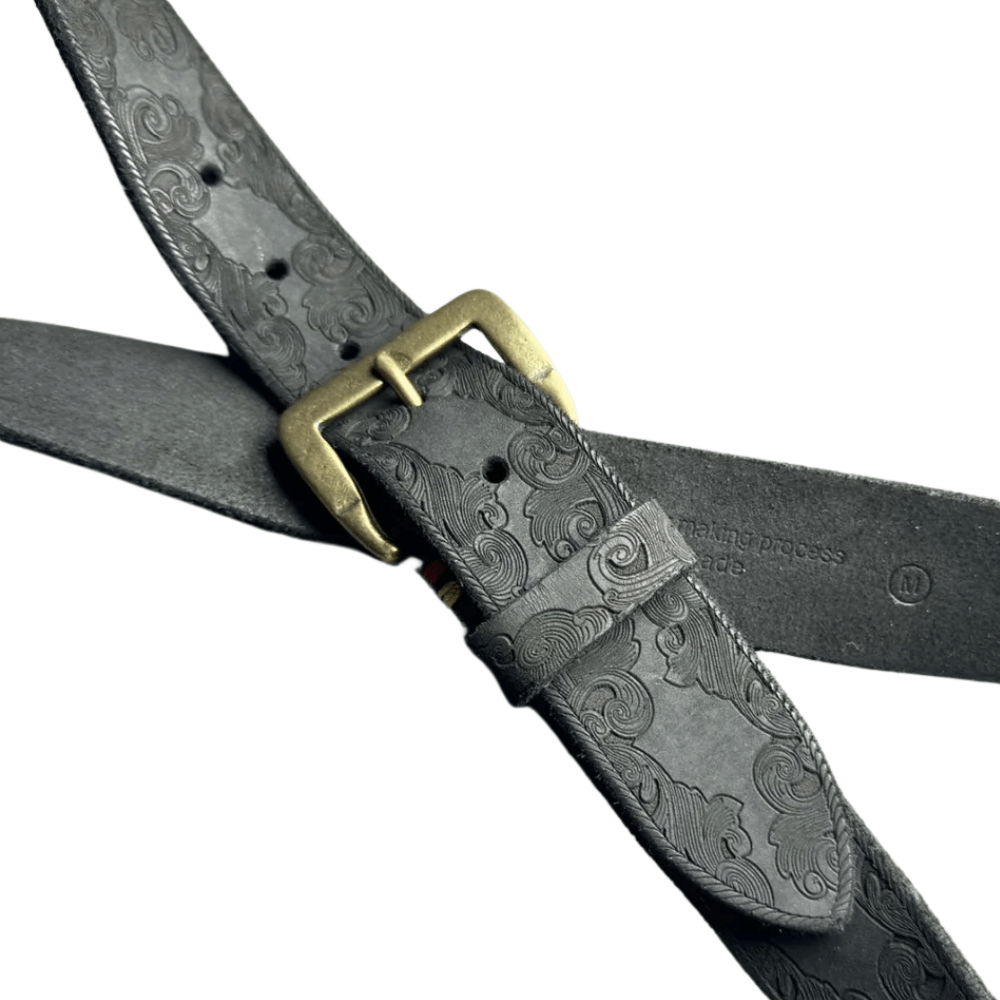 Präglat cowboybälte i äkta läder med mässingsspänne Svart / 100cm