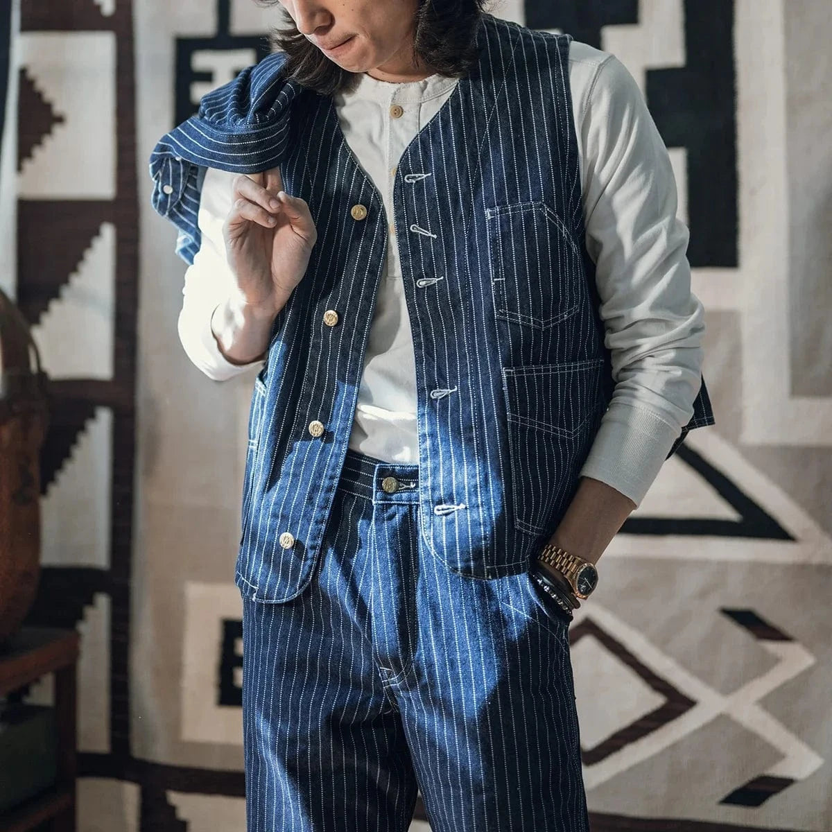 Randig cowboy denimväst