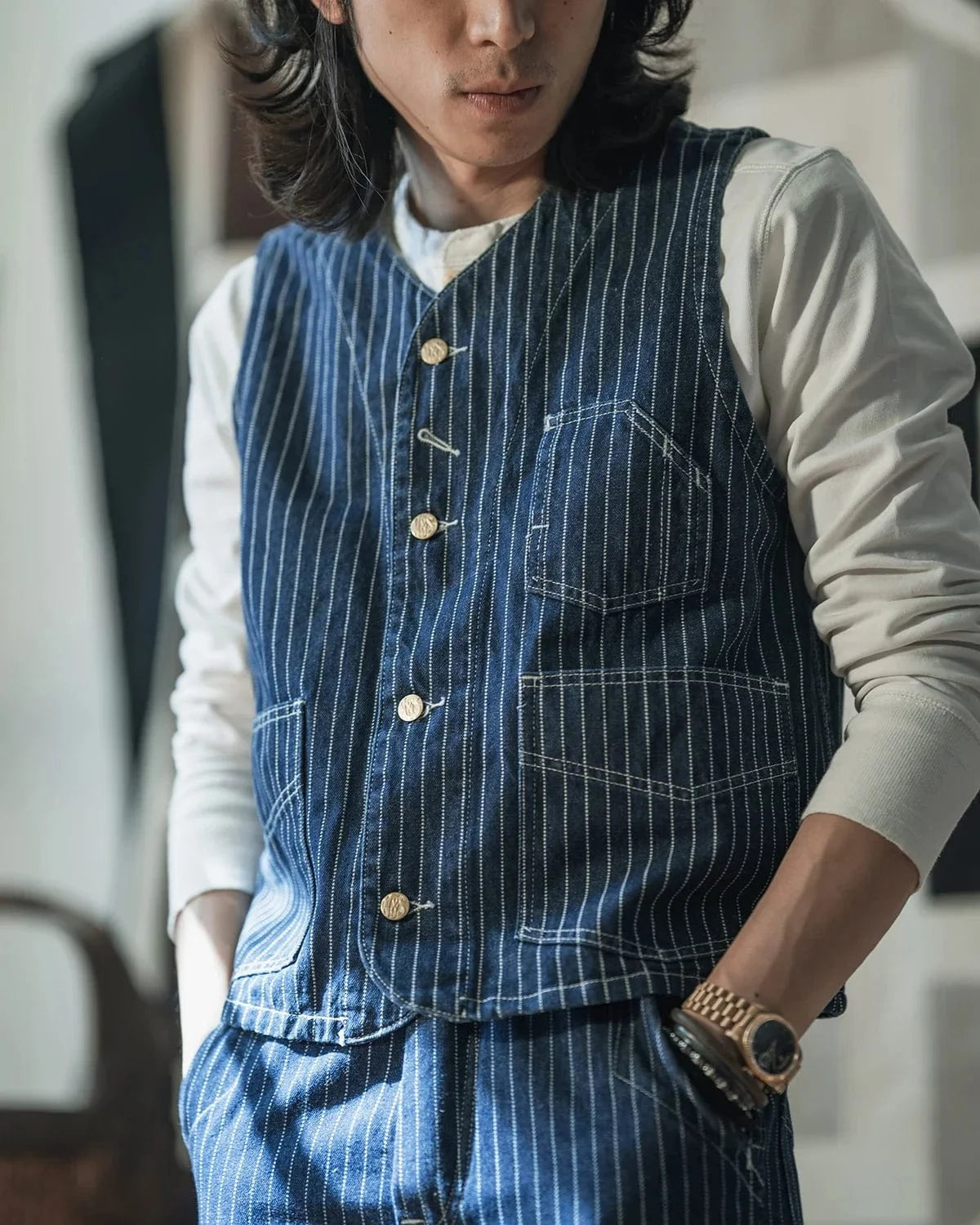 Randig cowboy denimväst