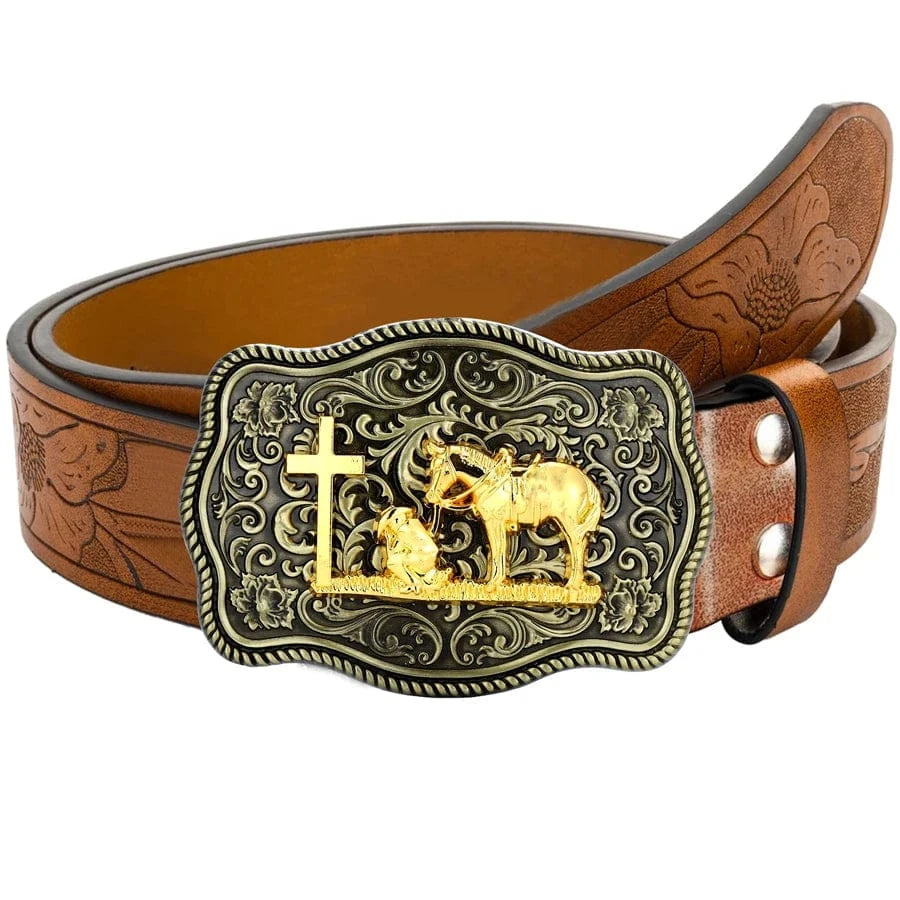 Retropräglat westernbälte i läder med djurmotiv och guldfärgat spänne Brun ochguld / 110cm