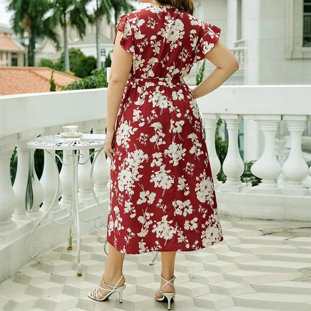 Röd blomming klänning plus size