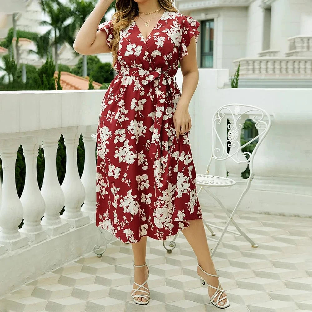 Röd blomming klänning plus size