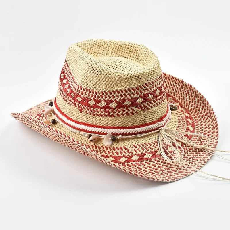 Röd cowboyhatt i naturstrå med snäckor Röd och beige / One Size