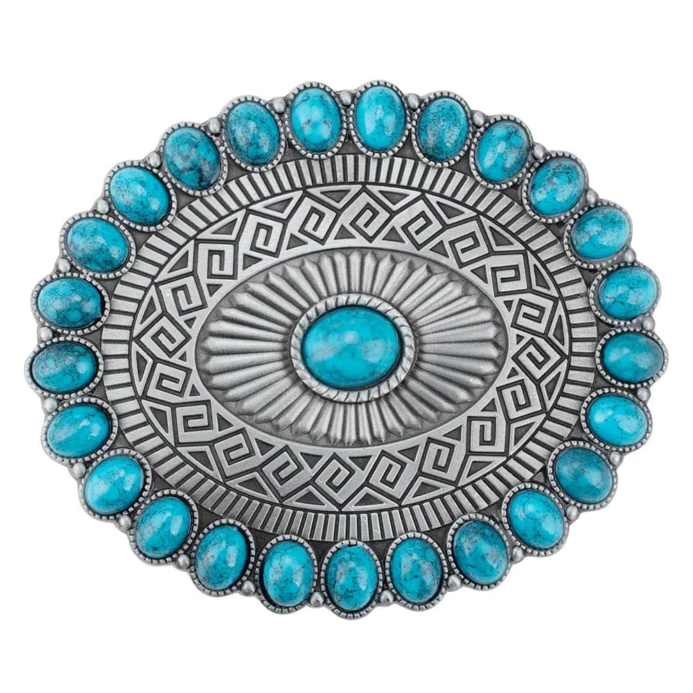 Rund Turkis Concho Bältesspänne Mönstrad Ram Antik Silver