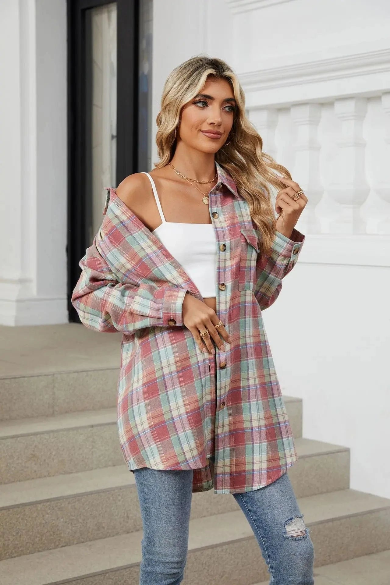 Rutig lång överskjorta för dam