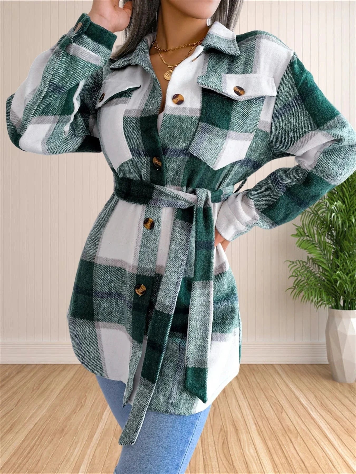 Rutig överskjorta med skärp Grön / S