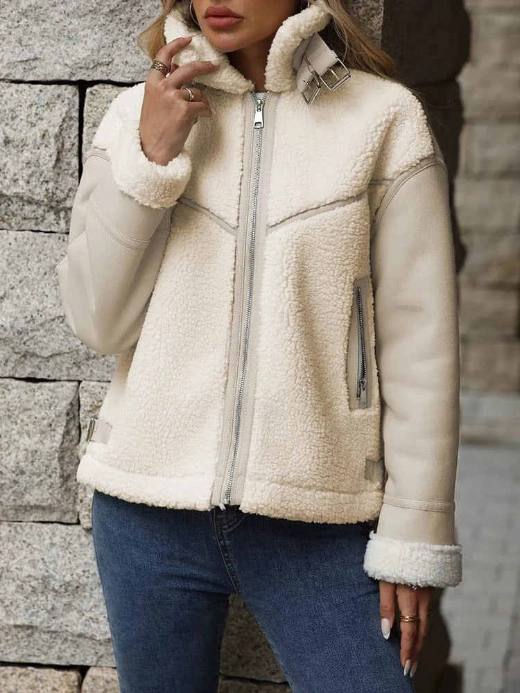 Shearlingjacka dam i teddy och skinnimitation