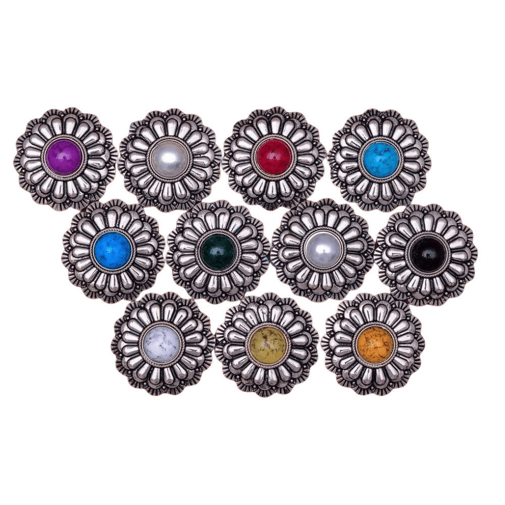 Silver Concho med 3D-Blomdesign och Färgad Pärla