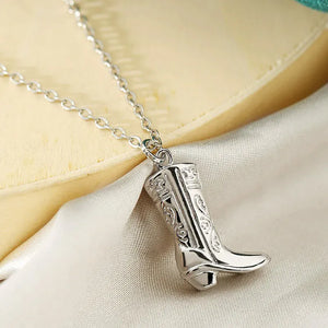 Stainless Steel Cowgirl Cowboy Boot Pendant Necklace For Women Western Jewelry Accessories Silver