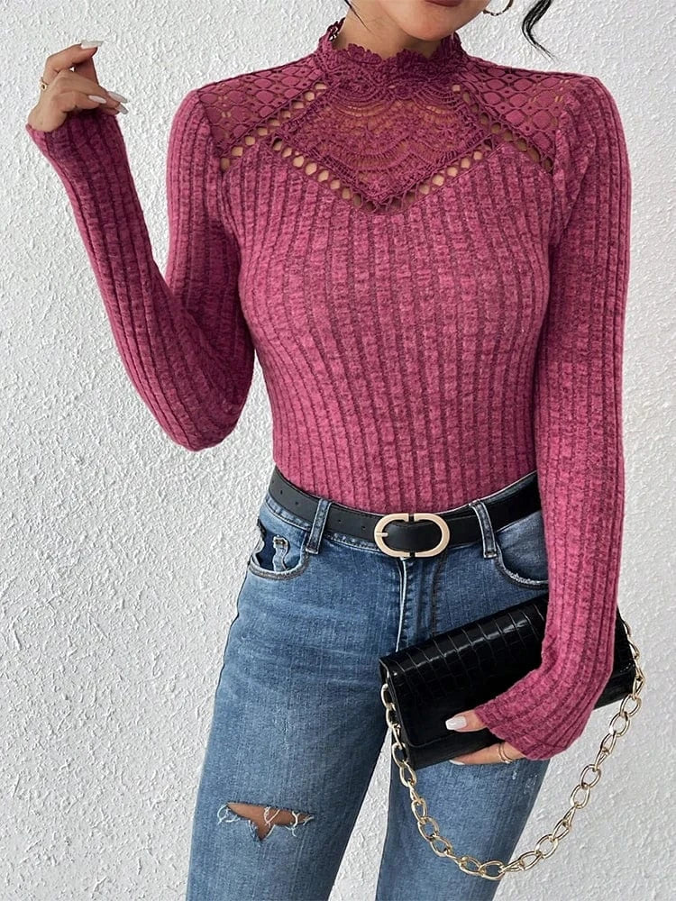 Stickad blus med spets Vinröd / XS