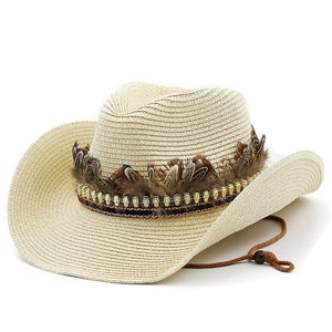 Stråcowboyhatt med fjäderdekor Beige / 56-58cm