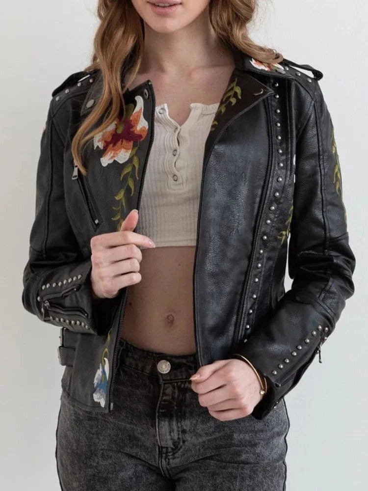 Svart bikerjacka dam med broderi Svart / S
