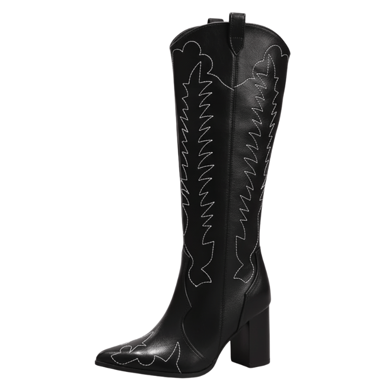 Svart Cowboyboots med broderade detaljer och 10cm blockklack