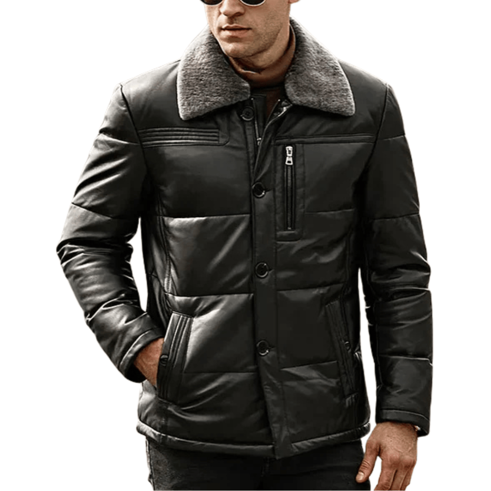 Svart dun puffer jacka herr i läder