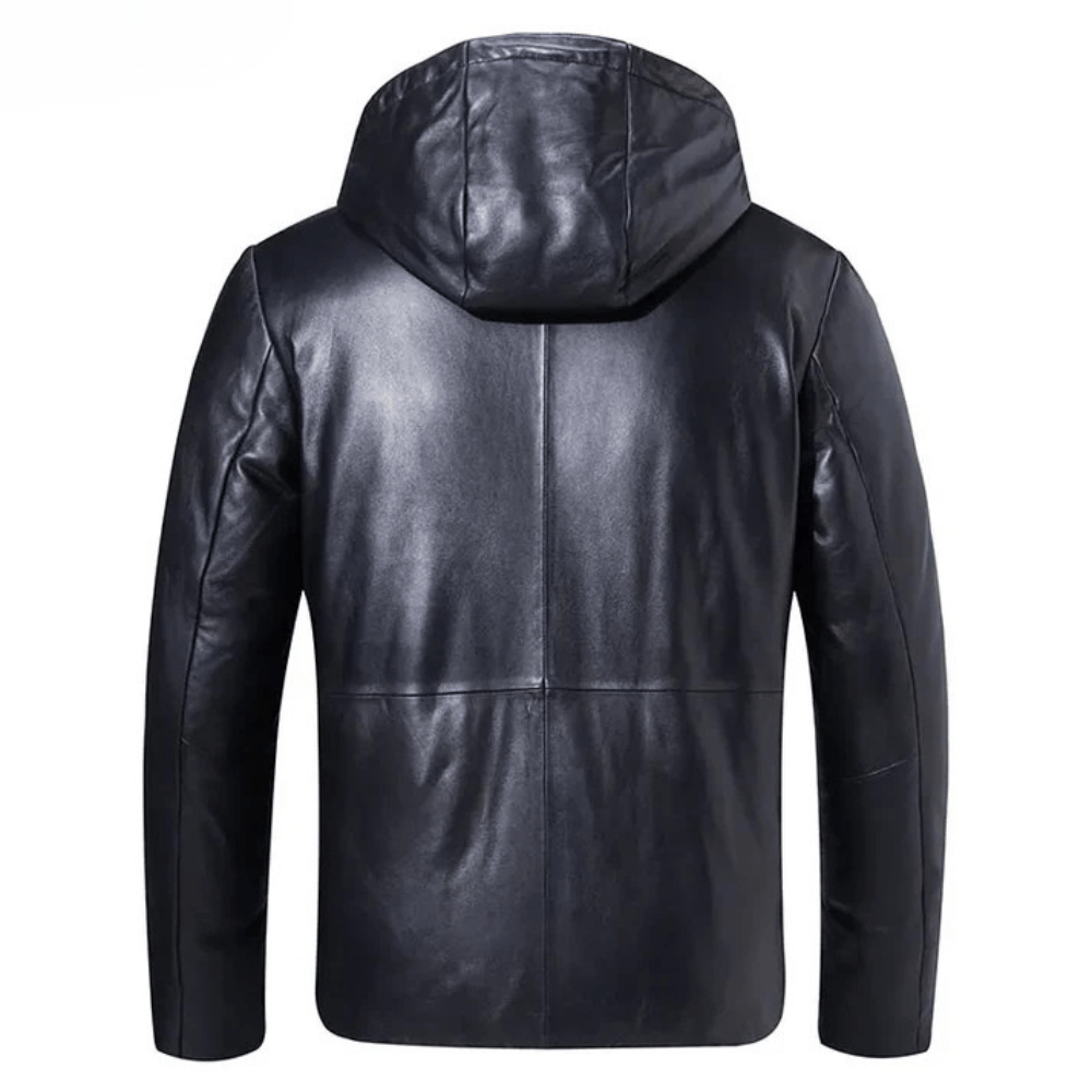 Svart läder dun hoodie jacka herr