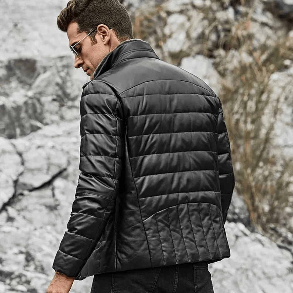 Svart läder dun jacka herr