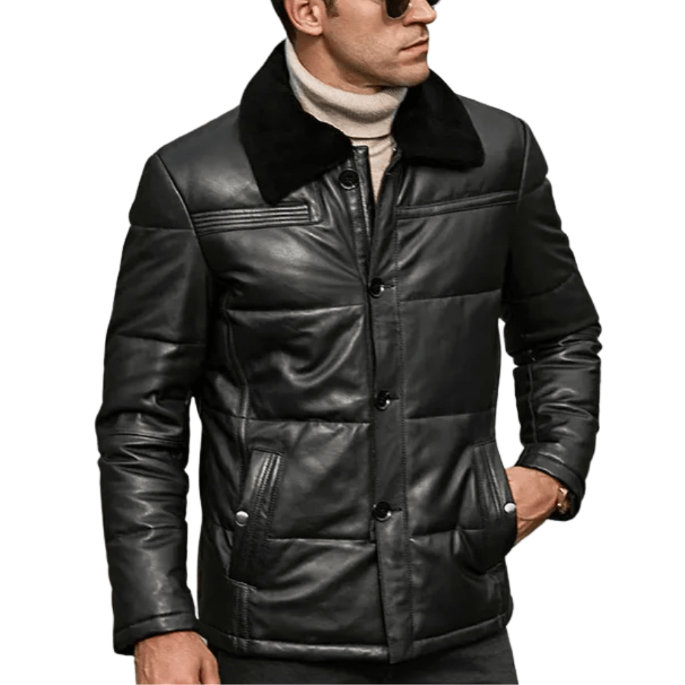 Svart läder dun jacka herr med pälskrage