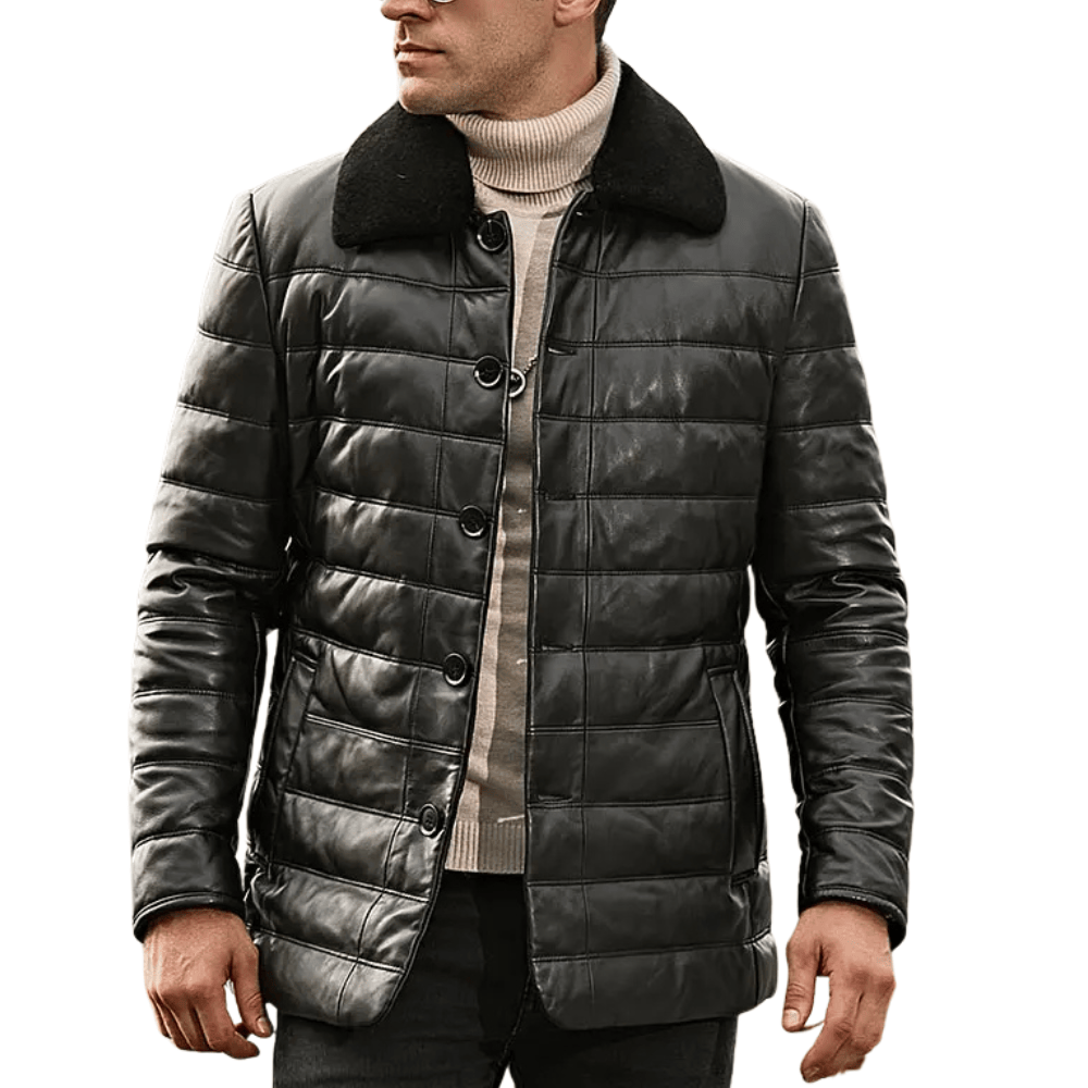 Svart läder dun jacka med pälskrage