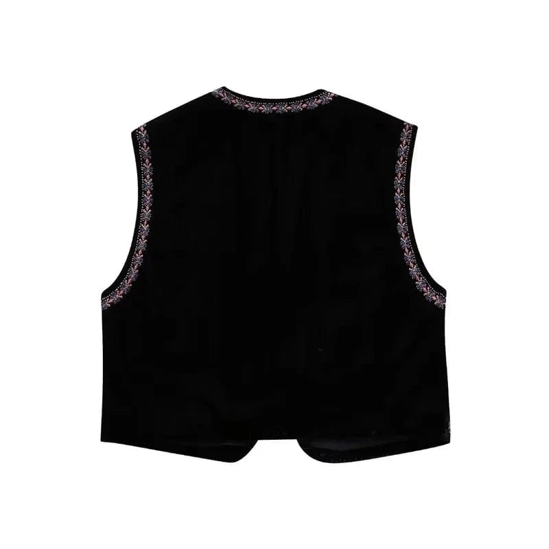 Svart Sammetsväst med Rosa Lila Silver Paljetter Broderi