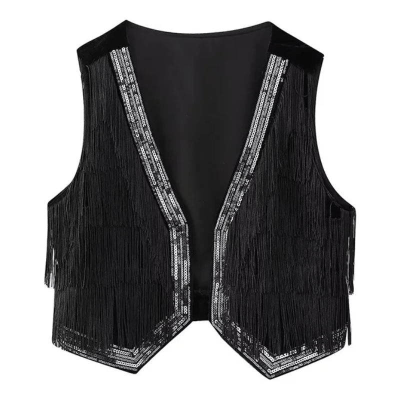 Svart Sammetväst med Paljetter och Fransar