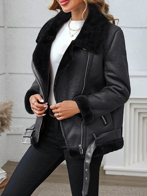 Svart shearling bikerjacka dam