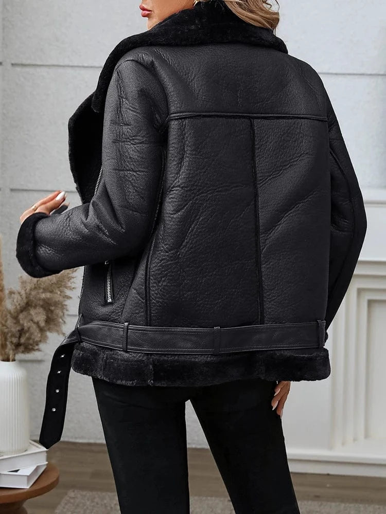 Svart shearling bikerjacka dam