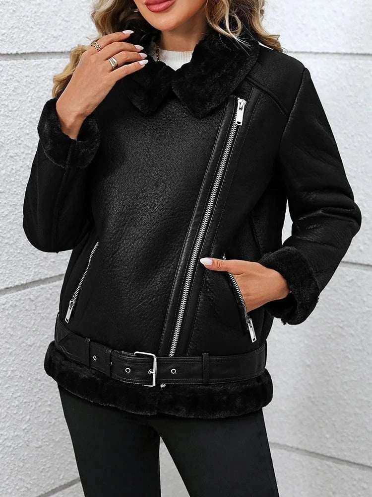 Svart shearling bikerjacka dam