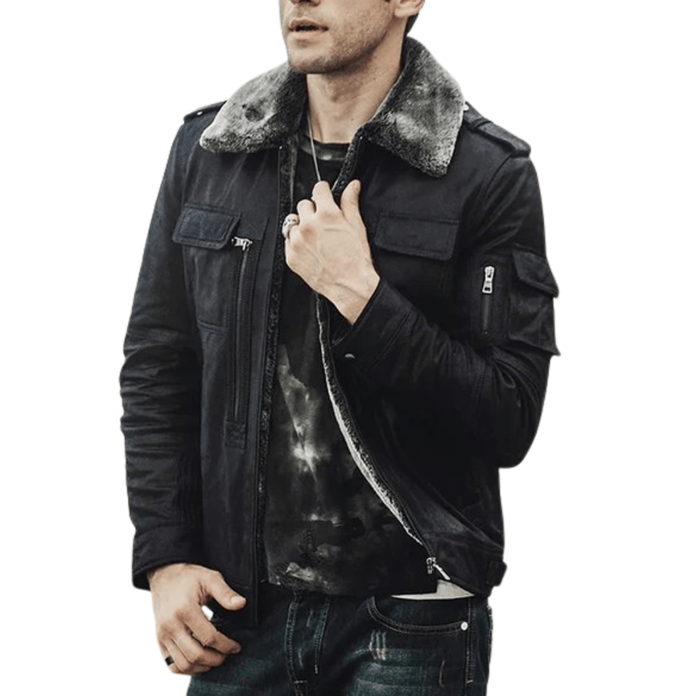 Svart skinn shearling jacka herr