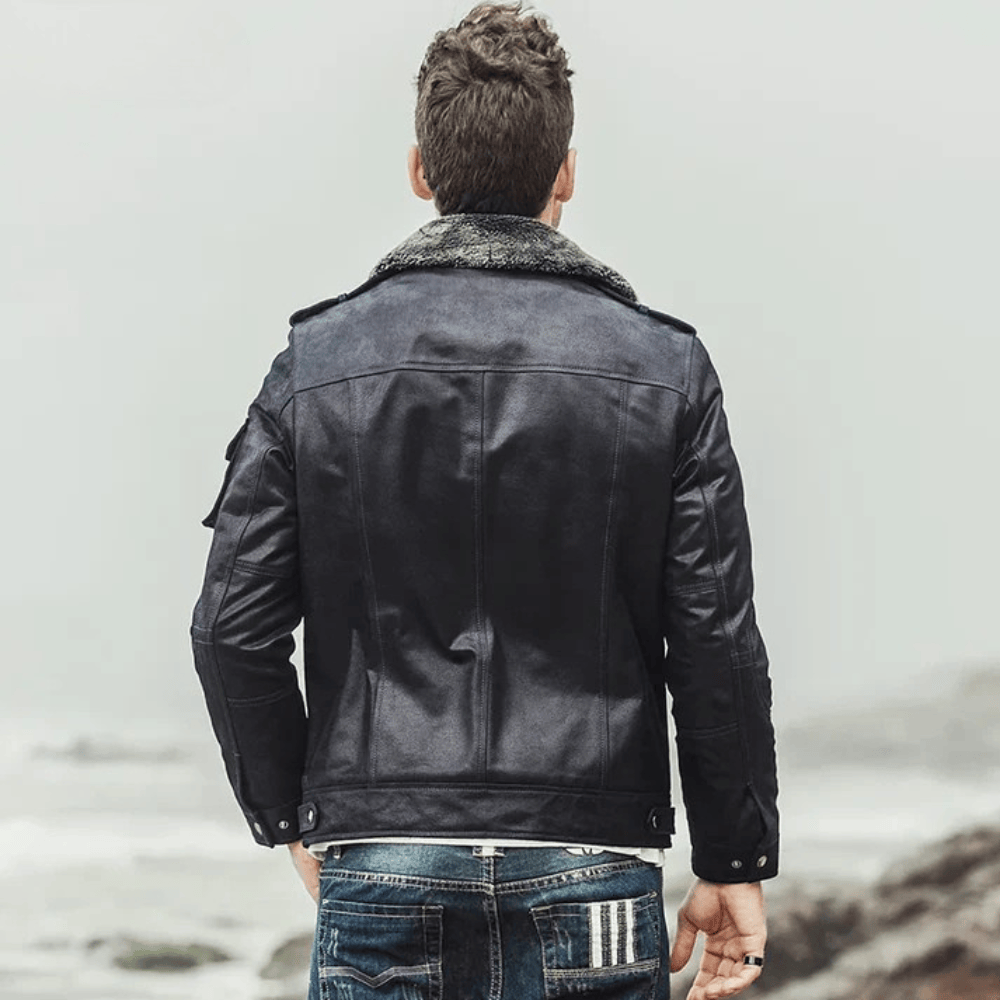 Svart skinn shearling jacka herr