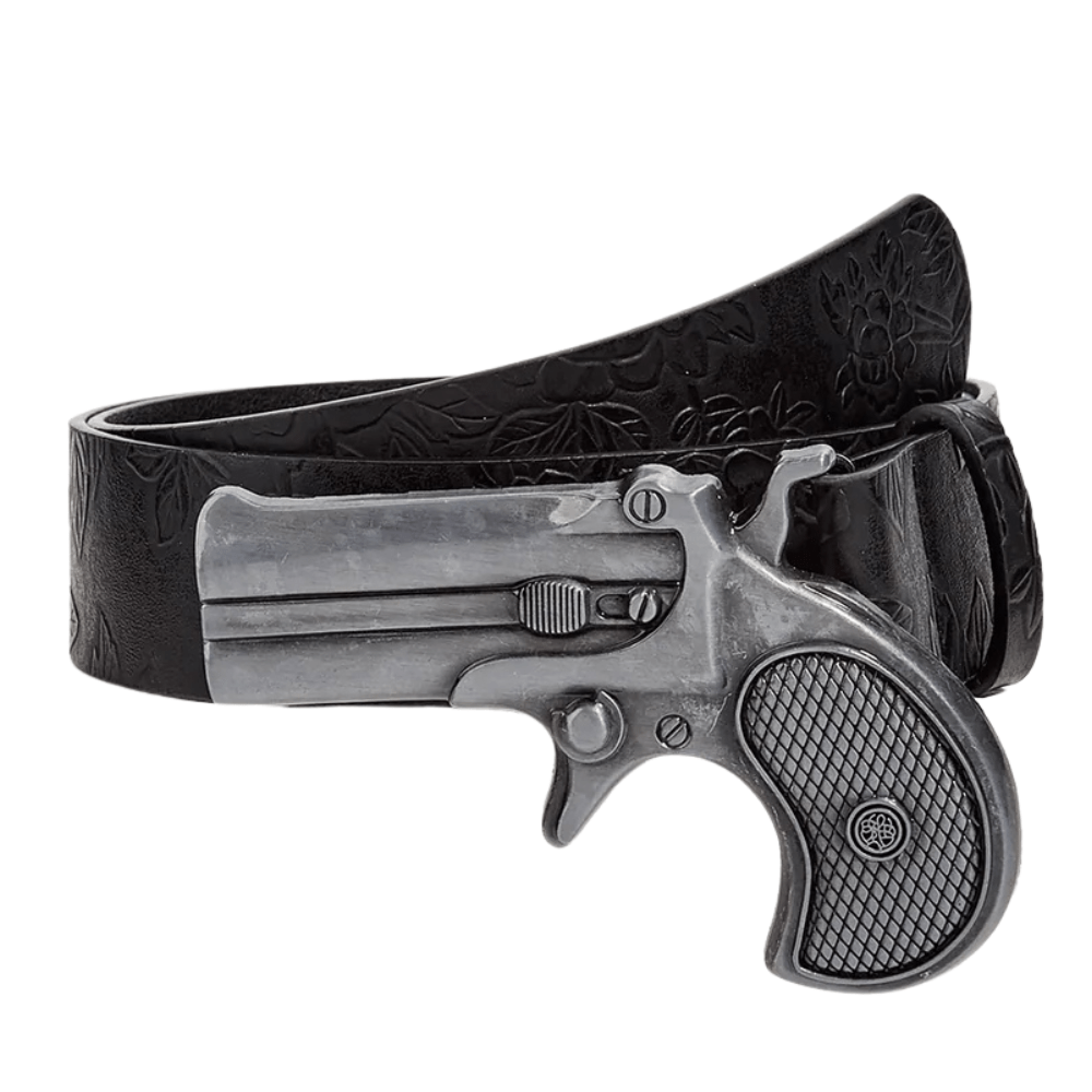 Svart westernbälte i präglat läder med pistolspänne för dam