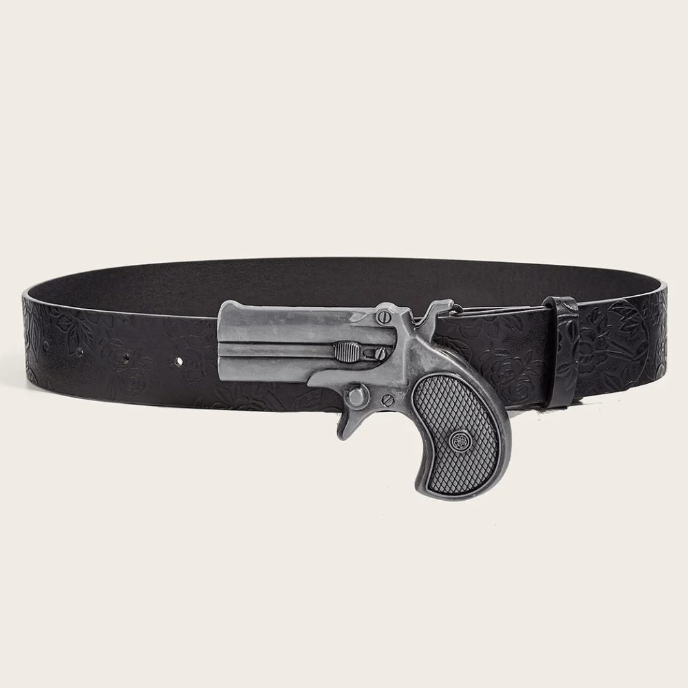 Svart westernbälte i präglat läder med pistolspänne för dam
