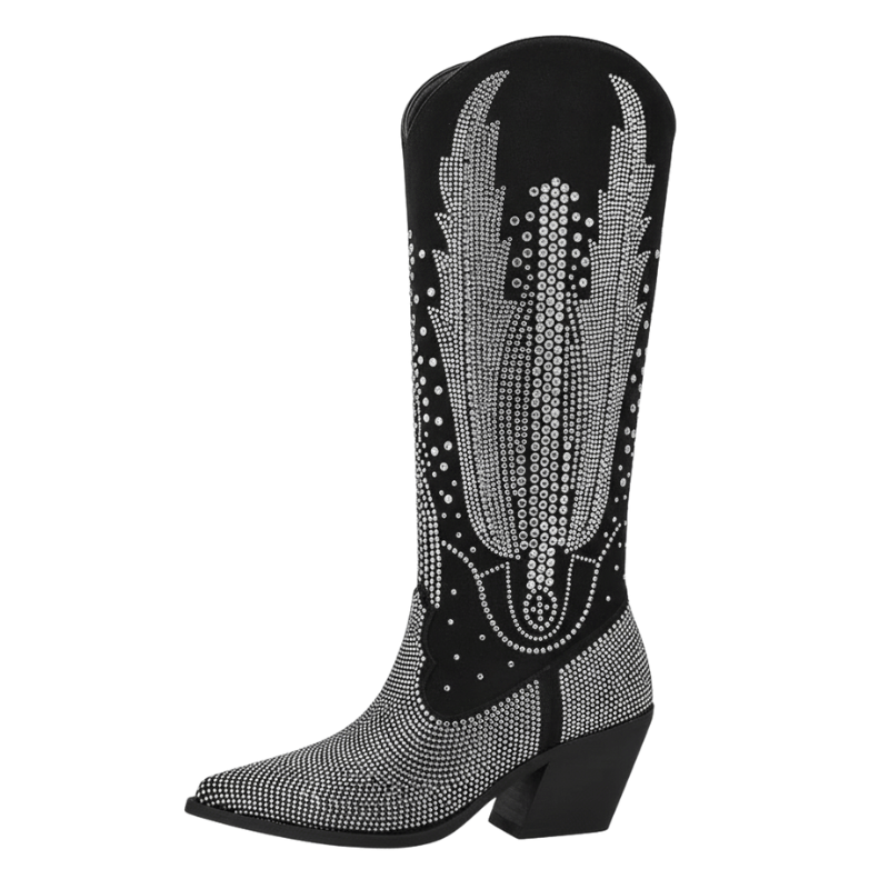 Svarta Höga Cowboystövlar med Strass för Dam