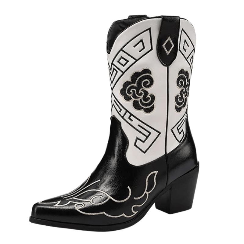 Svartvita Låga Cowboyboots med Grafiskt Broderi för Dam